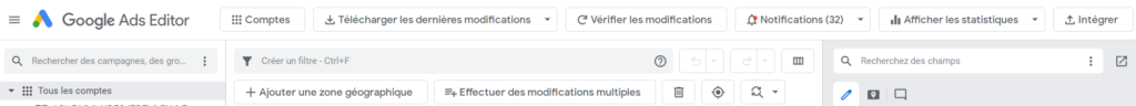 Interface de Google Ads Editor en 2026