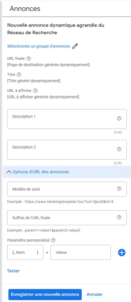 créer des annonces dynamiques sur le réseau de recherche