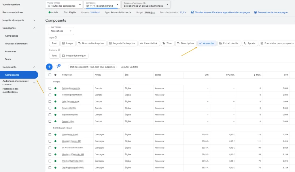 configurer des extensions d'accroche google ads