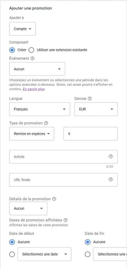 création des composants de promotion google ads