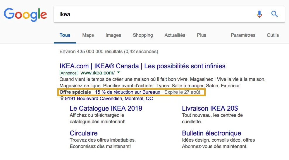 exemple d'une extension de promotion google ads