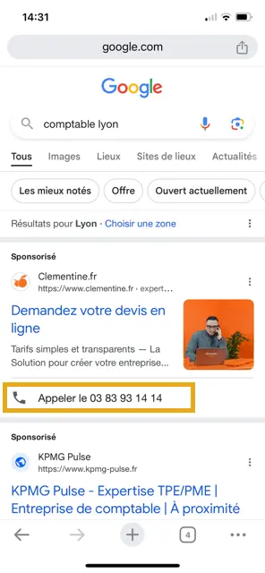exemple d'affichage des extensions d'appels google ads dans les serps
