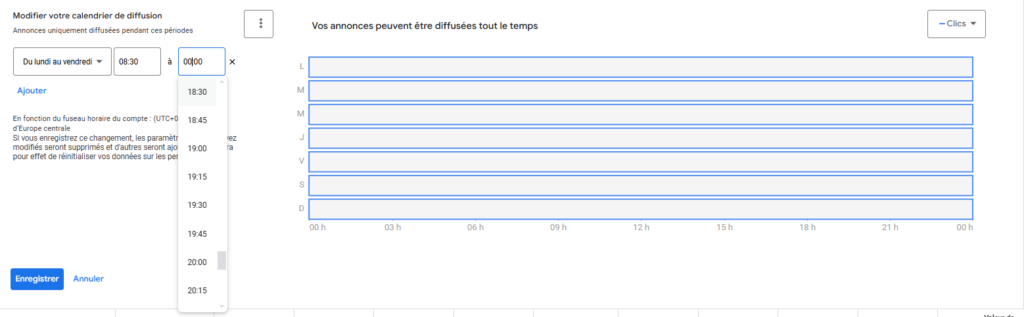 Calendrier de diffusion sur Google Ads