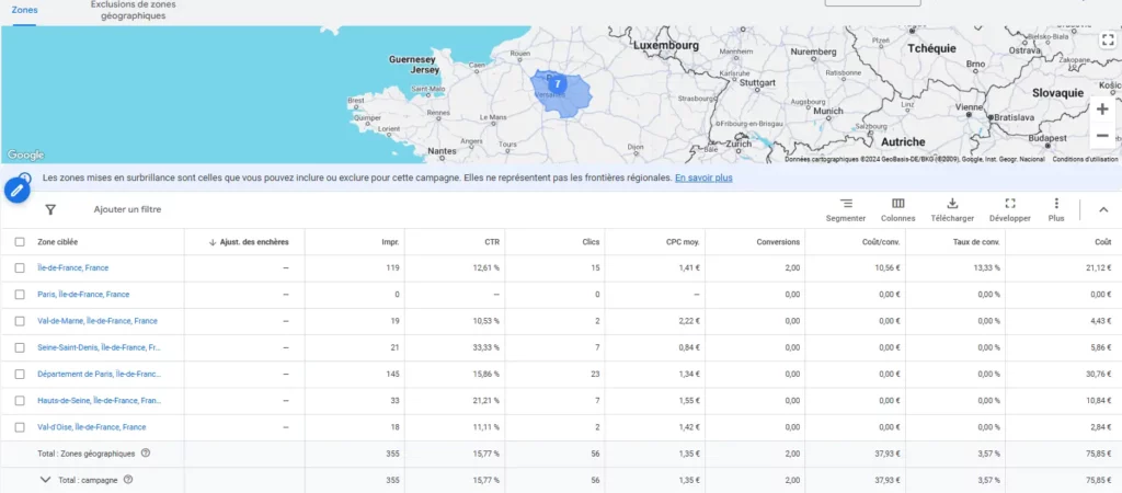 Zones géographiques Google Ads