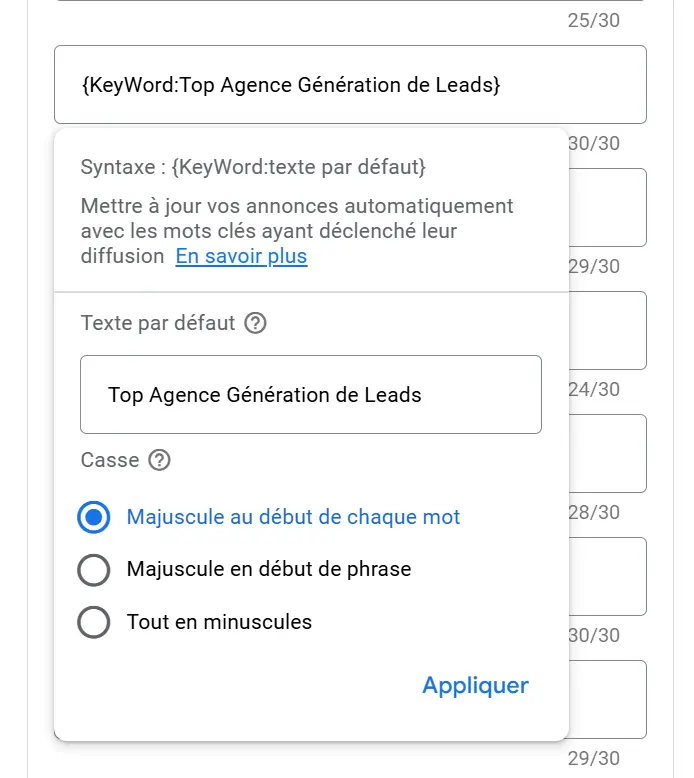 exemple balise keyword google ads