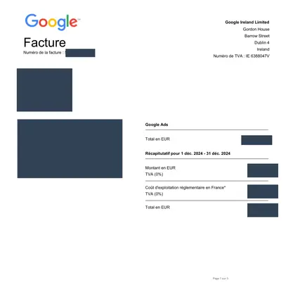Exemple de facture Google Ads