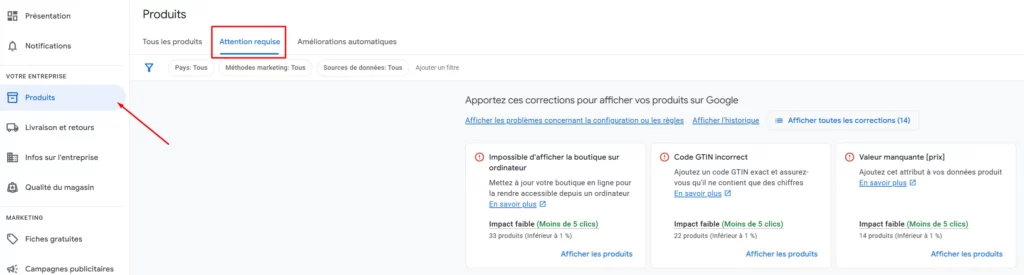 Identifier les problèmes flux google shopping