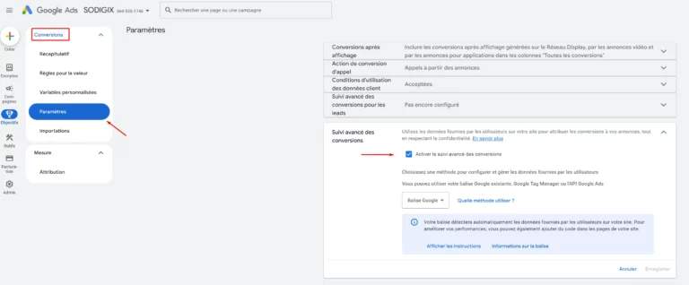 Activer le suivi avancé des conversions Google Ads