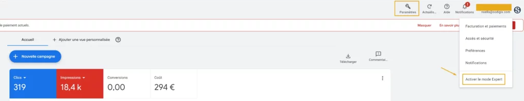 Où activer le mode expert dans Google Ads