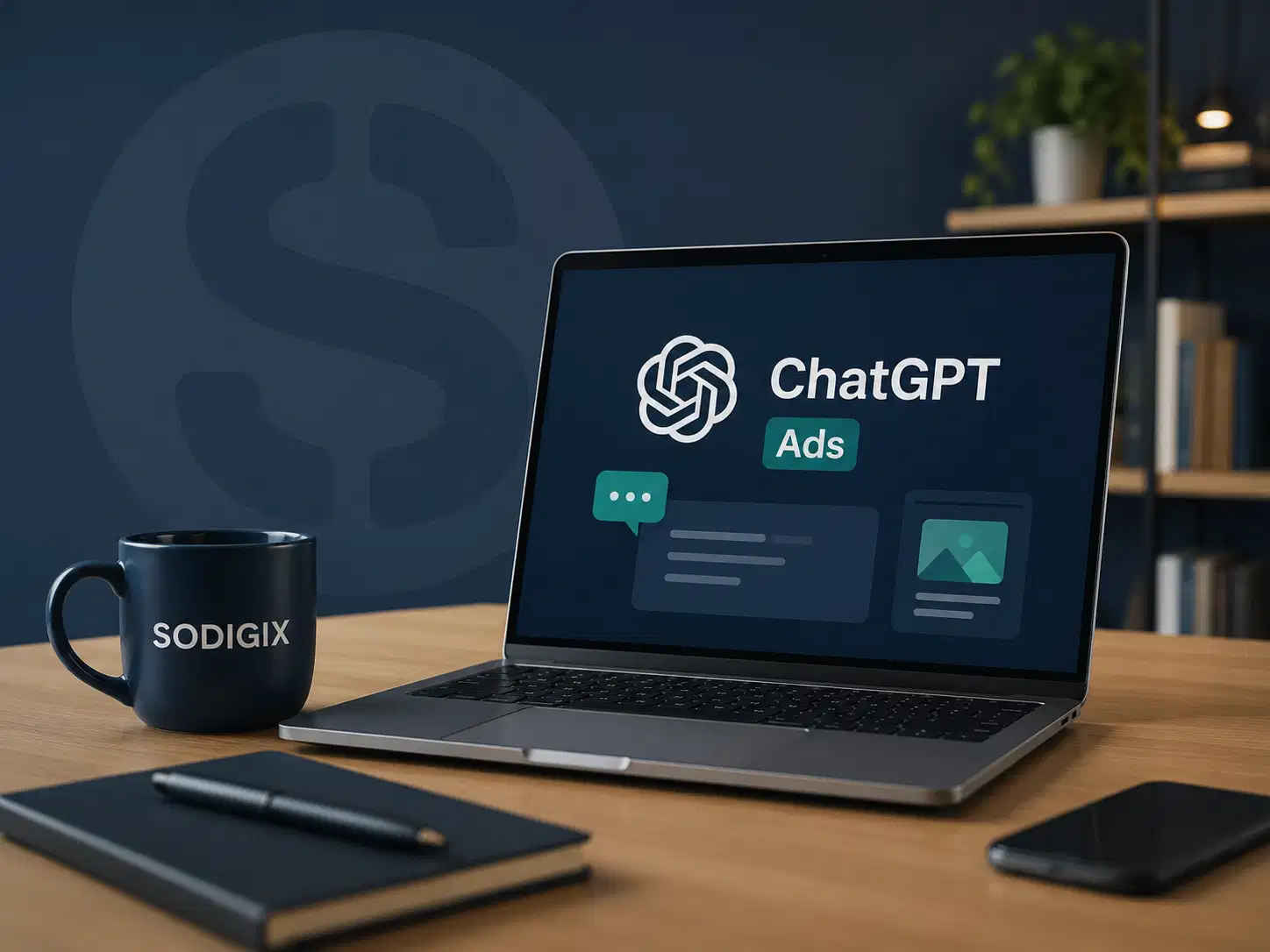 Publicité sur ChatGPT (ChatGPT Ads) 1 Publicité sur ChatGPT (ChatGPT Ads) affichée sur l'écran d'un ordinateur portable, sur un bureau avec mug SODIGIX