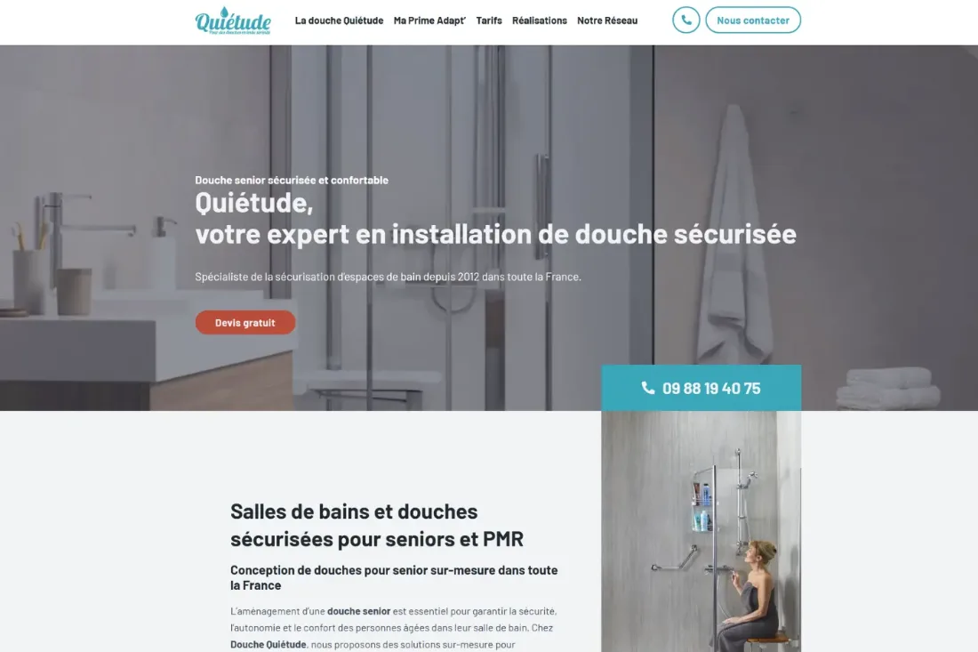 Page d’accueil du site Douche Quiétude, expert en douche sécurisée pour seniors, optimisé par SODIGIX