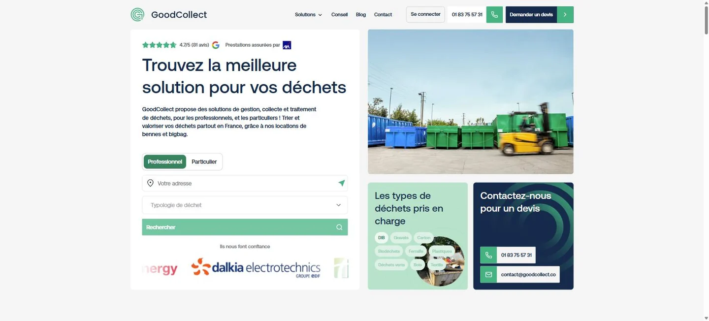 Page d’accueil du site GoodCollect, plateforme de location de bennes et de gestion des déchets