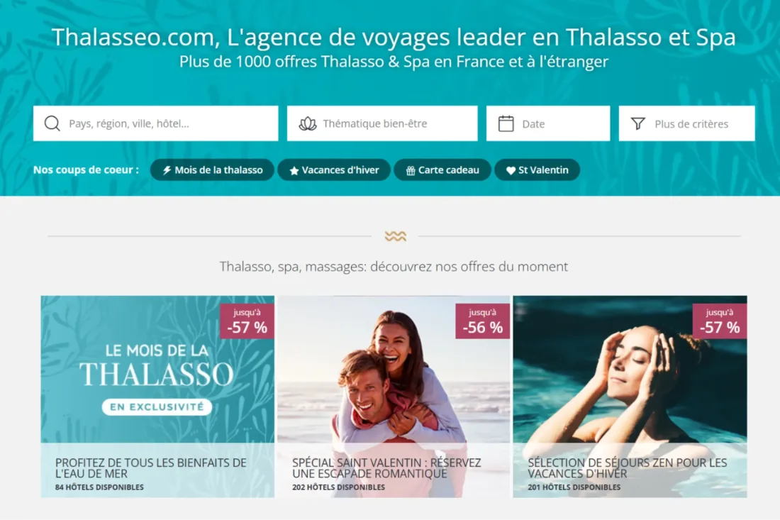 Page d’accueil du site Thalasseo, marque de bien-être et de séjours thalasso & spa, accompagnée par SODIGIX