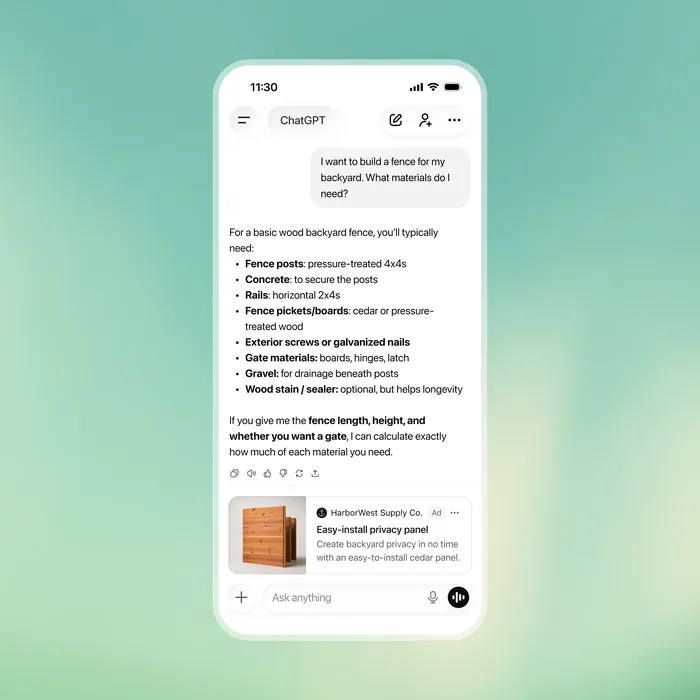 Exemple de ChatGPT Ads affichée dans une conversation ChatGPT sur mobile