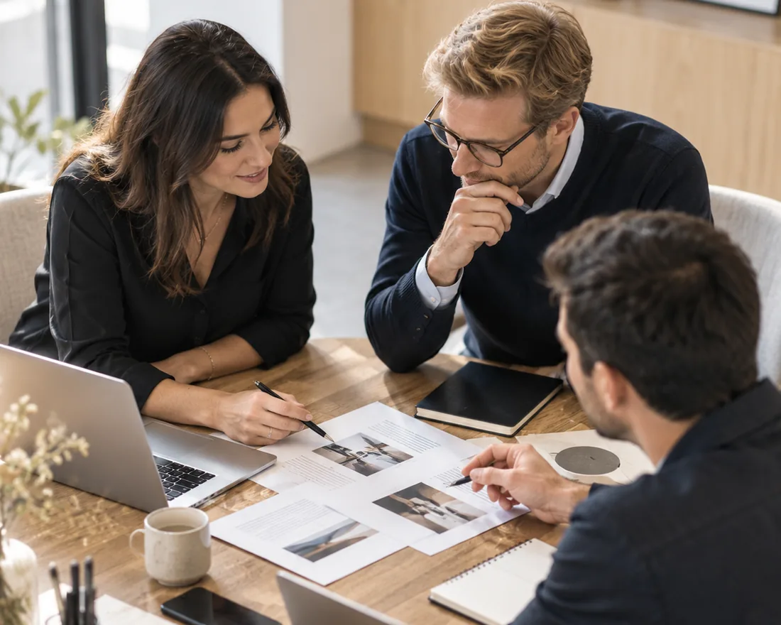 Consultants SODIGIX analysant des maquettes de campagnes Display autour d’une table