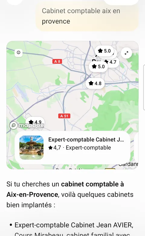 Capture ChatGPT recommandant le Cabinet Jean Avier, expert-comptable à Aix-en-Provence, noté 4,7